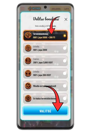Bonusvalinta rekisteröinnin yhteydessä Wyns Casino