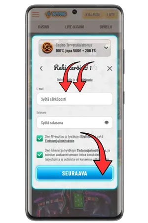 Rekisteröintilomake sähköpostille ja salasanalle Wyns Casino
